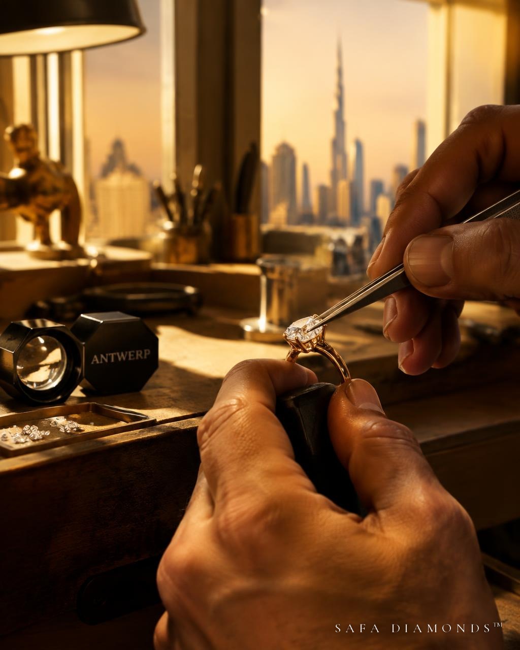Goldsmith setting a diamond in the Dubai atelier