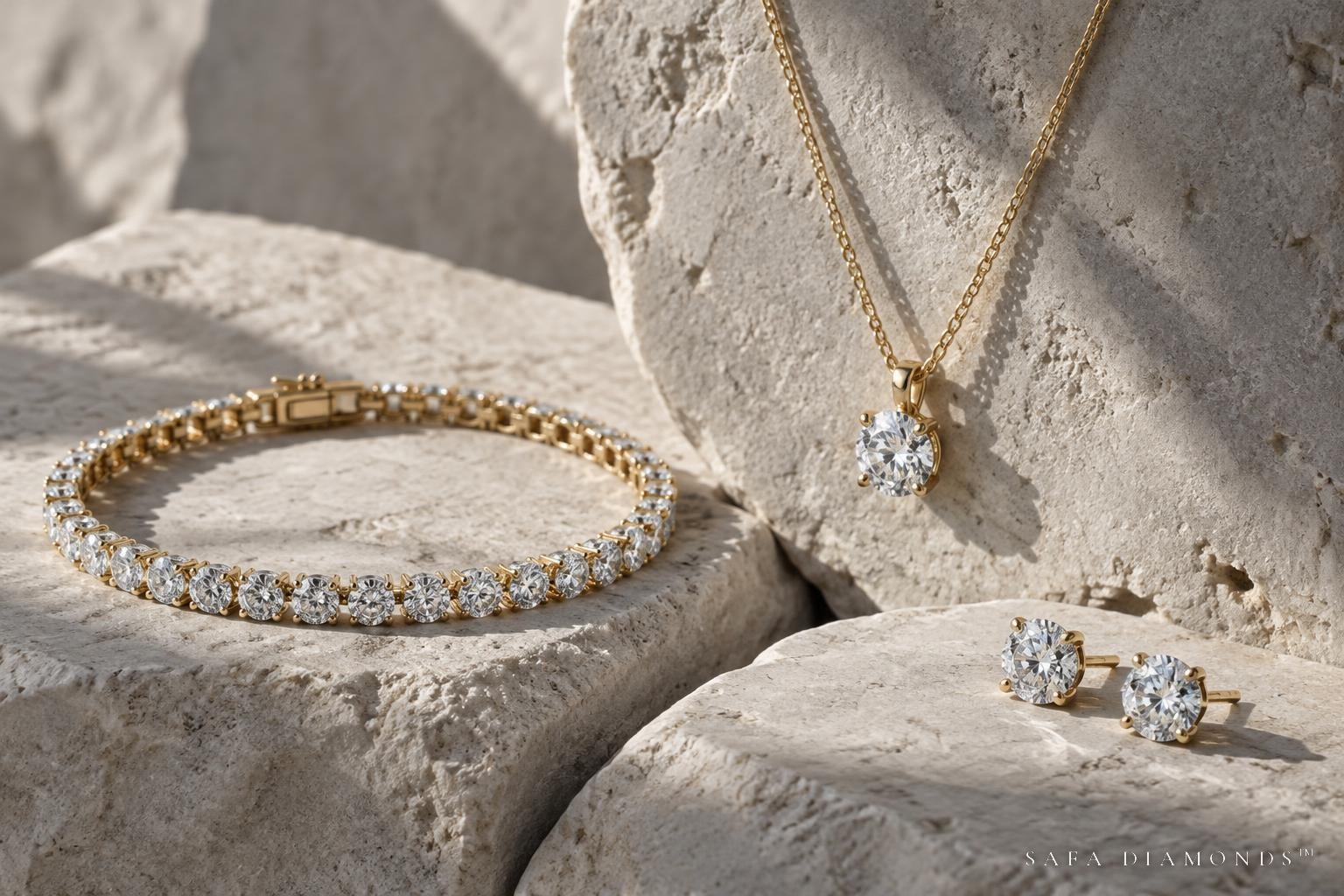 Diamond bracelet, pendant and studs arranged on sculpted stone