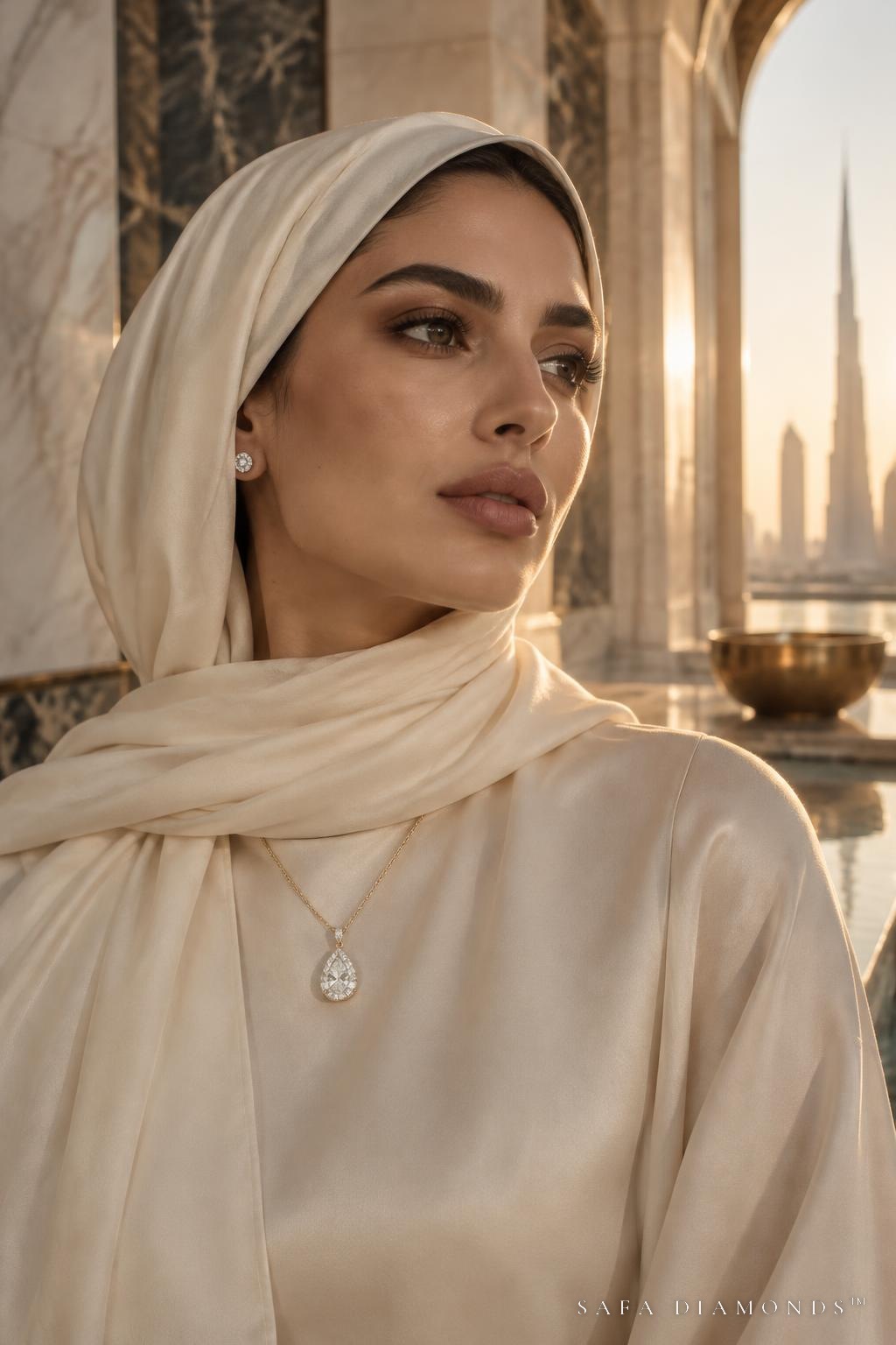 Model in an ivory silk hijab wearing a pear diamond pendant and diamond studs