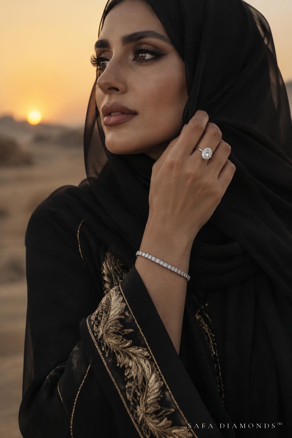 Model in a black hijab and embroidered abaya wearing an oval solitaire and tennis bracelet