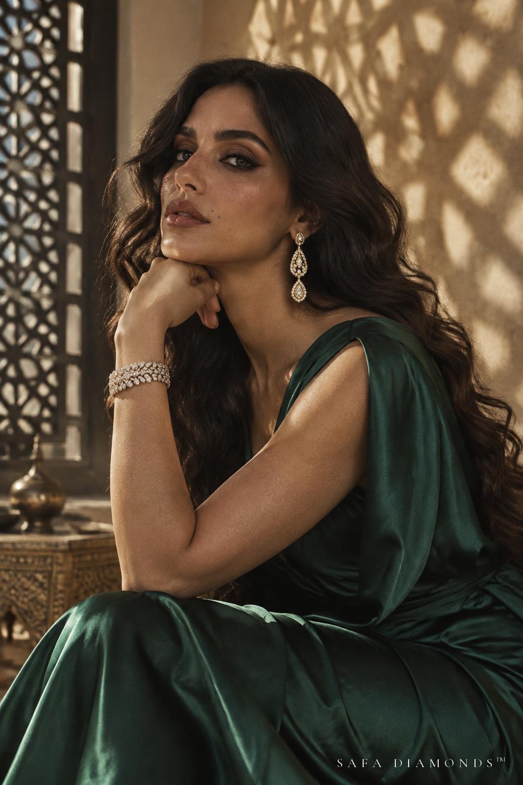 Model in an emerald gown wearing diamond drop earrings and a diamond bangle