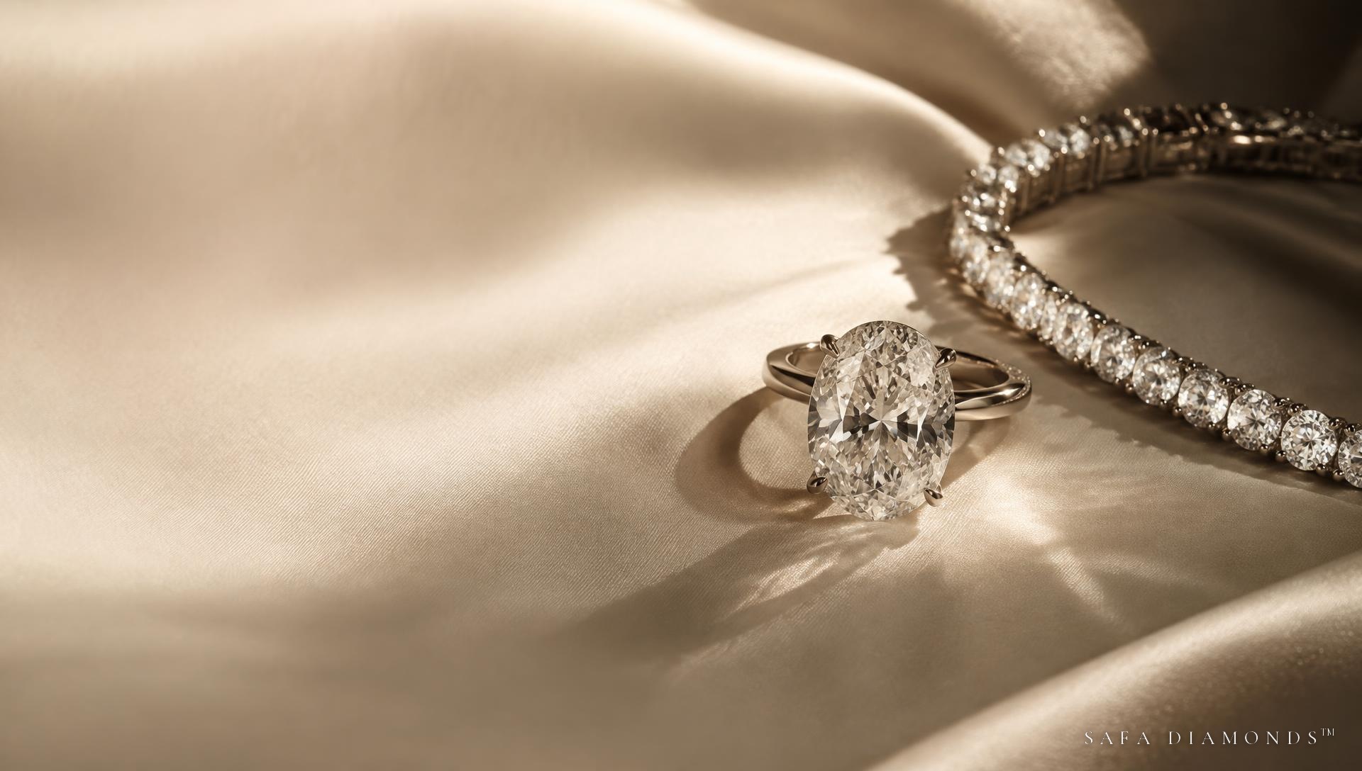Oval diamond solitaire and tennis bracelet on ivory silk